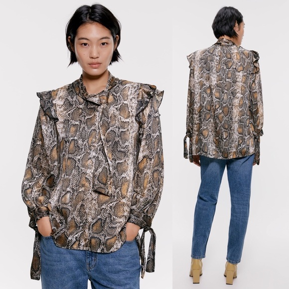 Zara Tops - Zara SNAKE PRINT FLOWY HIGH COLLAR BLOUSE TIE CUFF